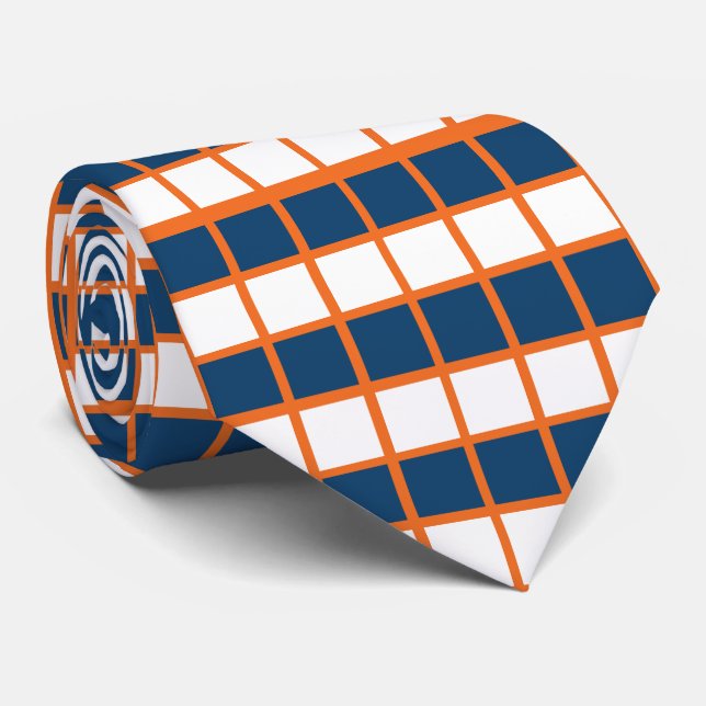 Blue White Orange Chequered Pattern Tie (Rolled)