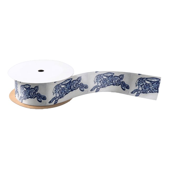 Blue & White Oriental Rabbit Designer Ribbon Spool Satin Ribbon (Spool)