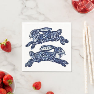 Blue & White Oriental Rabbits Bunny Delft Dedham Napkin