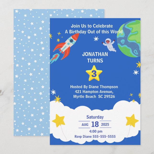Blue White Outer Space Birthday Party Invitation (Front/Back)