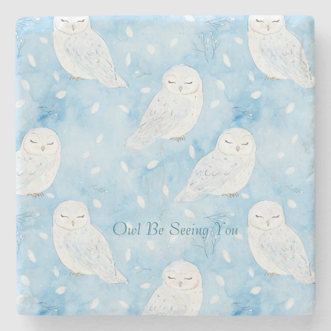 Blue White Owls Stone Coaster (Front)