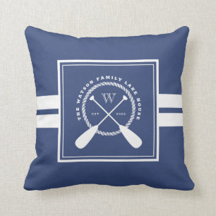 Blue White Paddles Lake House Monogram Throw Pillow