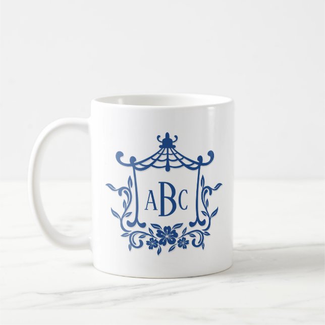 Blue White Pagoda Flower Frame Monogram Initials Coffee Mug (Left)