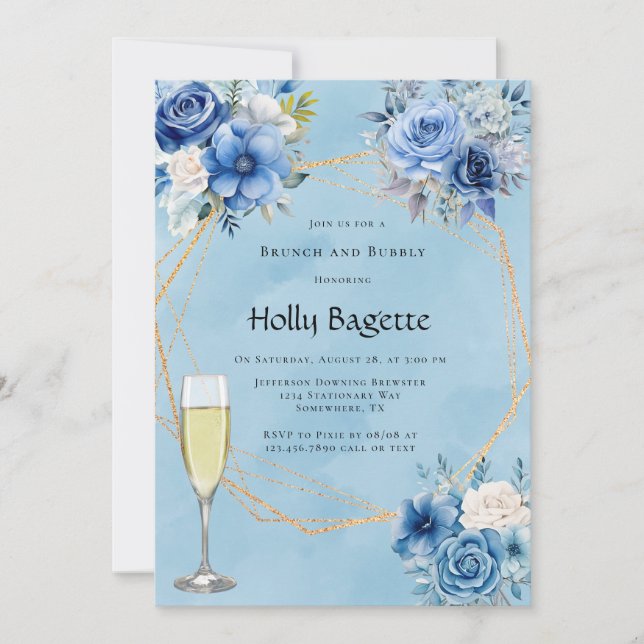 Blue White Paint Peony Rose Brunch and Bubbly Invitation (Front)