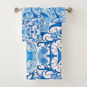 Blue & White Paisley Pattern Bath Towel Set