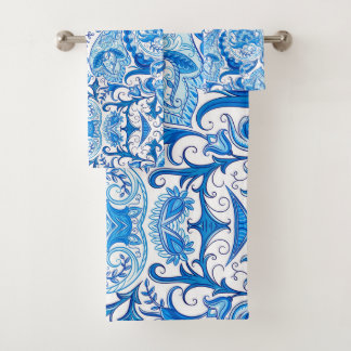 Blue & White Paisley Pattern Bath Towel Set