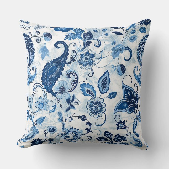 Blue & White Paisley Throw Pillow  (Front)