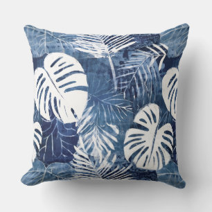 Blue White Palm Leaves Throw Pillow