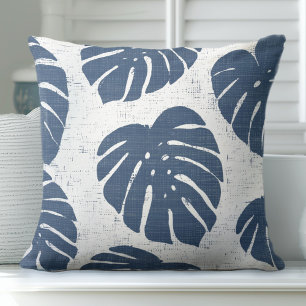 Blue & White Palm Leaves Throw Pillow