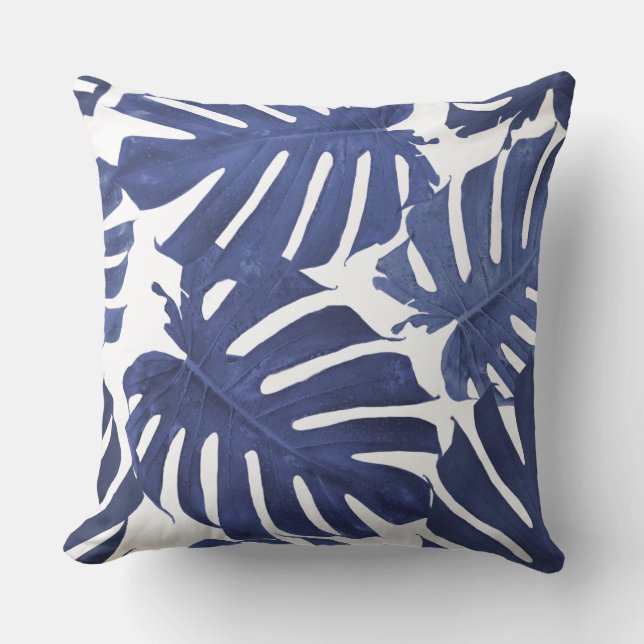 Blue & White Palm Tropical Leaves Pattern Throw Pillow (Front)