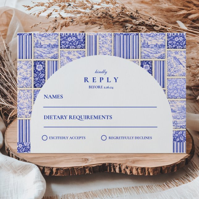 Blue White Patchwork Toile Wedding RSVP Card (Creator Uploaded)