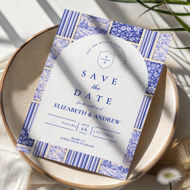Blue White Patchwork Toile Wedding Save The Date (Creator Uploaded)