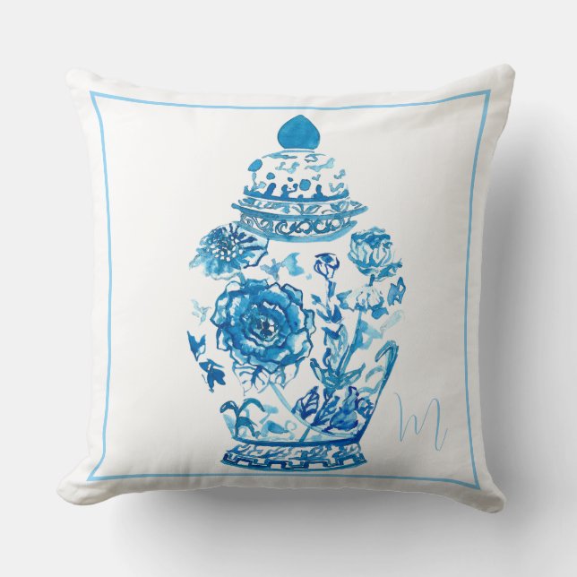 Blue White Pattern Monogrammed Elegant Ginger Jar  Throw Pillow (Front)