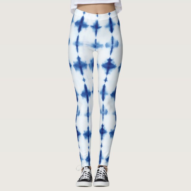 Blue White Pattern Shibori Indigo Blue Tie Dye Leggings (Front)