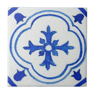 Blue White Patterned Mediterranean Watercolor Tile