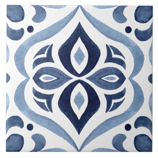 Blue & White Patterned Watercolor Mediterranean Tile (Front)