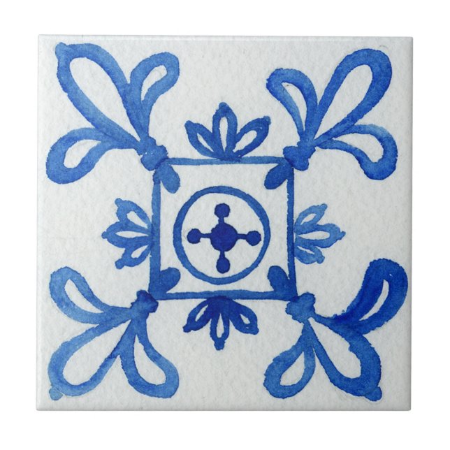 Blue & White Patterned Watercolor Mediterranean Tile (Front)