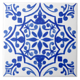 Blue & White Patterned Watercolor Mediterranean  Tile