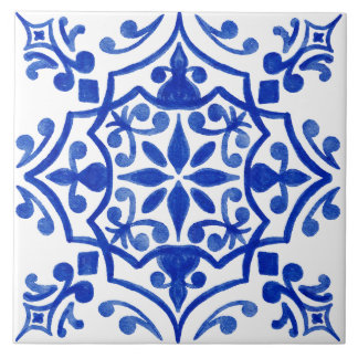Blue & White Patterned Watercolor Mediterranean  Tile