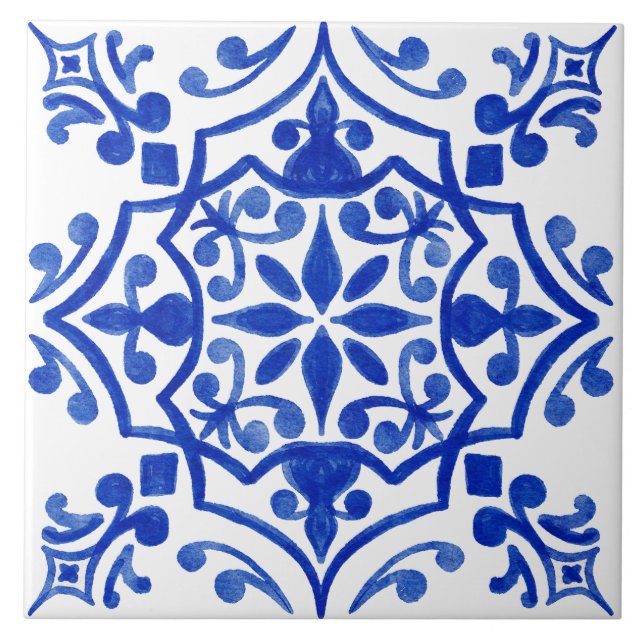 Blue & White Patterned Watercolor Mediterranean  Tile (Front)