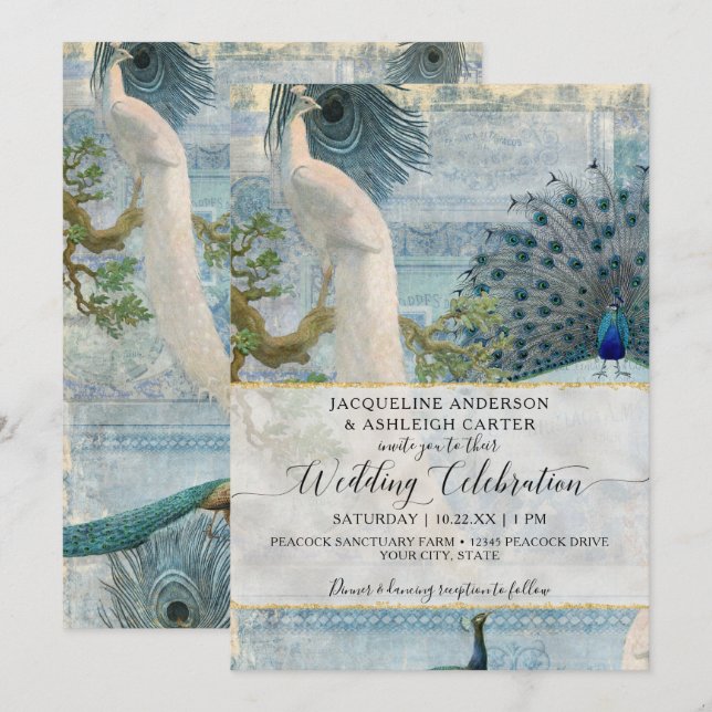 Blue White Peacock Elegant Vintage Script Monogram Invitation (Front/Back)