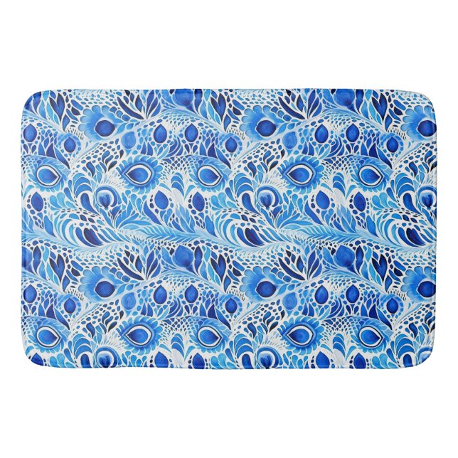 Blue White Peacock Feathers Bath Mat (Front)