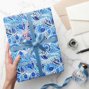 Blue White Peacock Feathers Bridal Shower Wrapping Paper