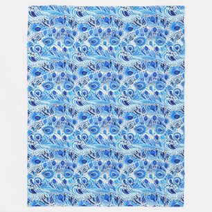 Blue White Peacock Feathers  Fleece Blanket