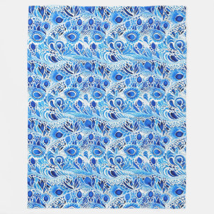 Blue White Peacock Feathers Fleece Blanket