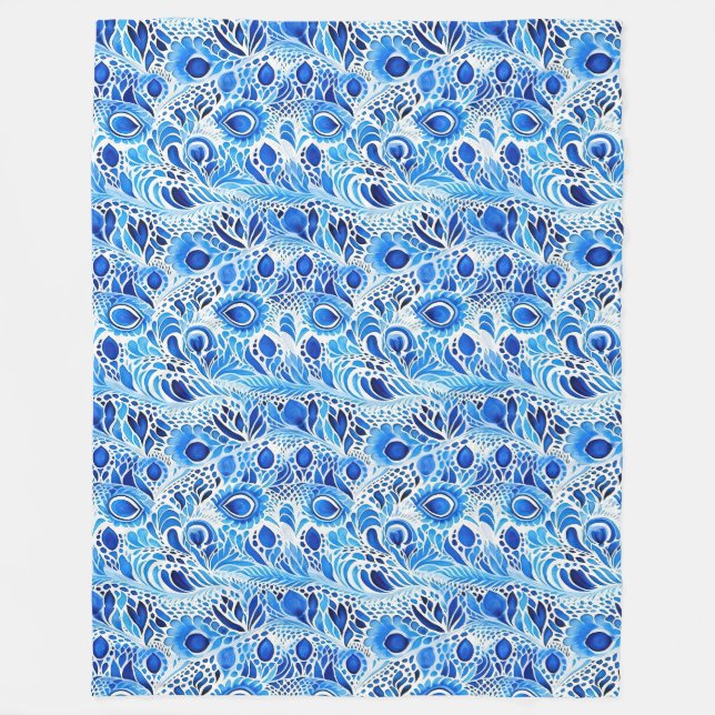 Blue White Peacock Feathers Fleece Blanket (Front)