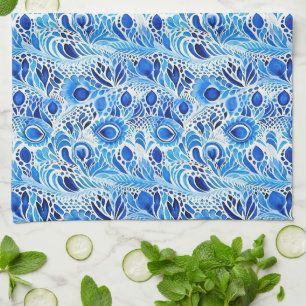 Blue White Peacock Feathers Kitchen Towel