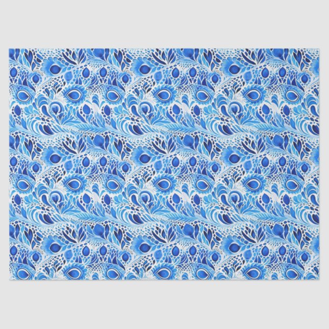 Blue White Peacock Feathers Tissue Paper (Front)