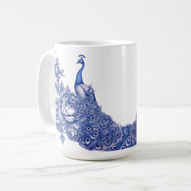 Blue White Peacock Rose  Coffee Mug (Front Left)