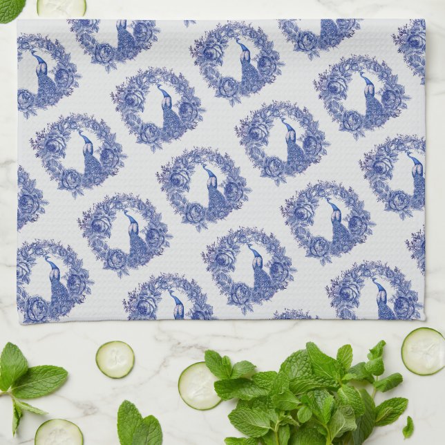 Blue White Peacock Rose  Kitchen Towel (Folded)