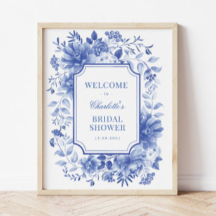 Blue White Peony Chinoiserie Bridal Shower Welcome Poster