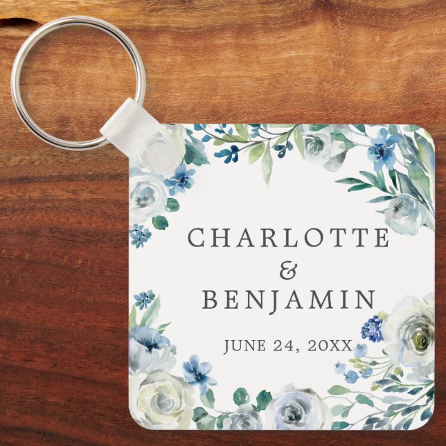 Blue White Peony Floral Custom Spring Wedding Keychain (Front)