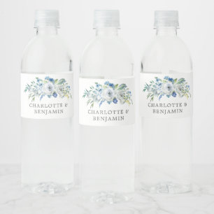 Blue White Peony Floral Custom Spring Wedding Water Bottle Label