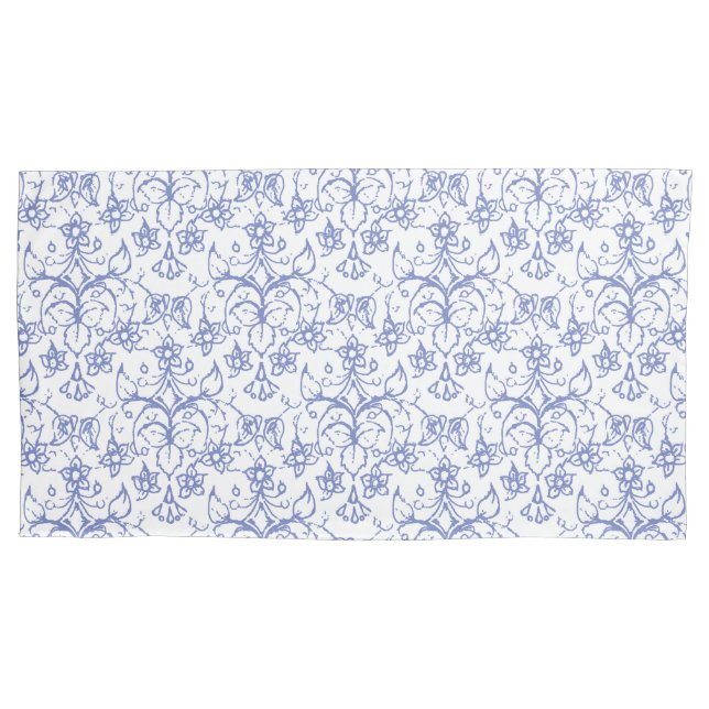Blue White Periwinkles Floral Lace-like Pattern Pillowcase (Front-Left)
