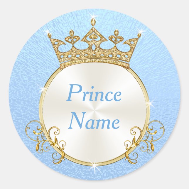 Blue White Personalize Prince Baby Shower Stickers (Front)