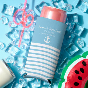 Blue White Personalized Destination Wedding Favour Seltzer Can Cooler