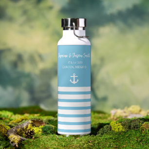 Blue White Personalized Destination Wedding Favour Water Bottle