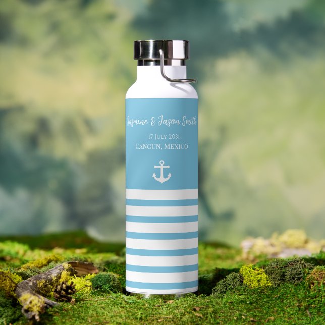 Blue White Personalized Destination Wedding Favour Water Bottle (Outdoor)