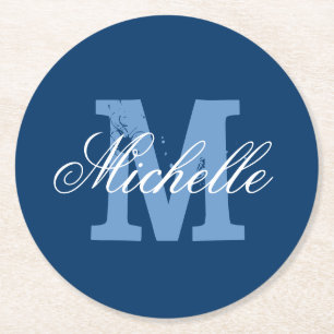 Blue & white personalized monogram paper coasters