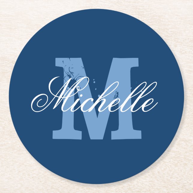 Blue & white personalized monogram paper coasters (Front)