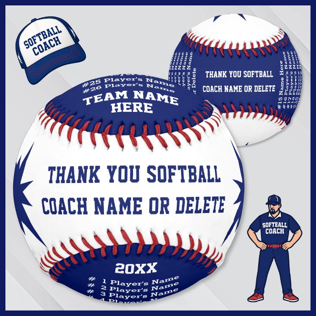 Blue, White Personalized Softball Coach Gifts (Unique softball coaches gifts. Personalized softball coach gifts with all players, coach name.)