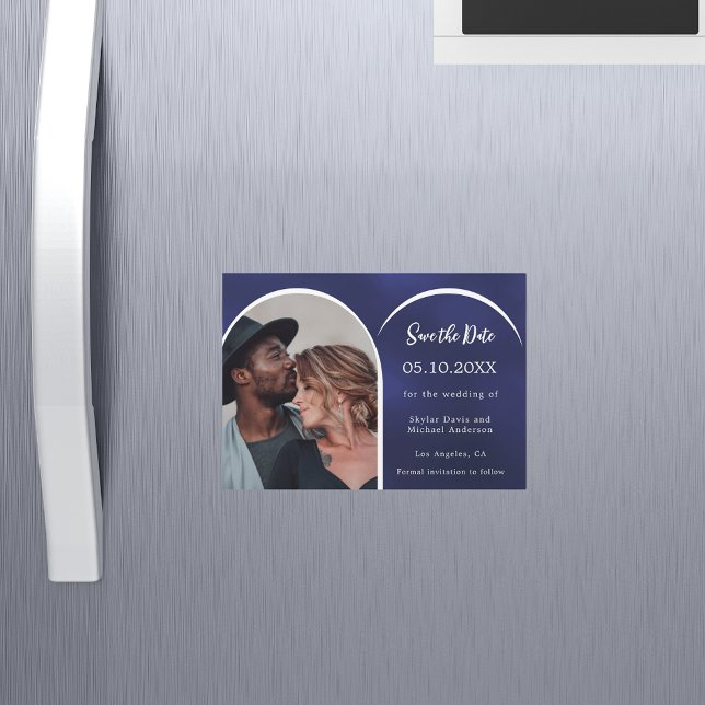 Blue white photo arch wedding Save the Date card (Creator Uploaded)