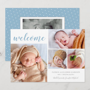 Blue White Photo Collage Baby Boy Welcome Birth  A Announcement