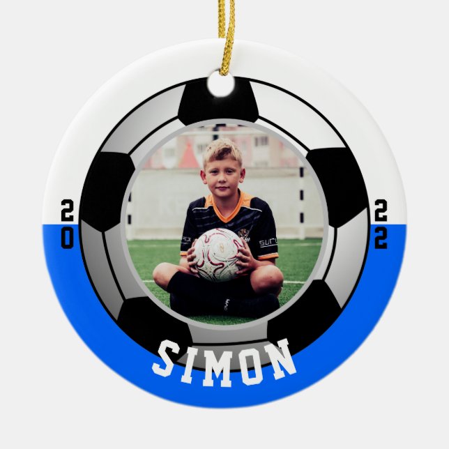 Blue White Photo Soccer One Sided Ceramic Ornament (Front)