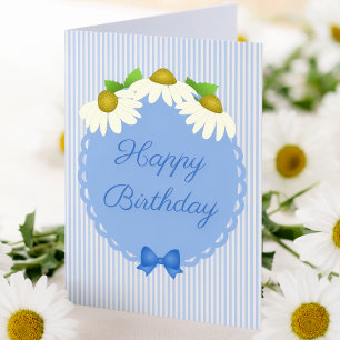 Blue & White Pin Stripes With Flowers Birthday Card