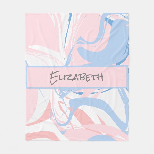 Blue White Pink Marble Swirl Personalized Fleece Blanket (Front)